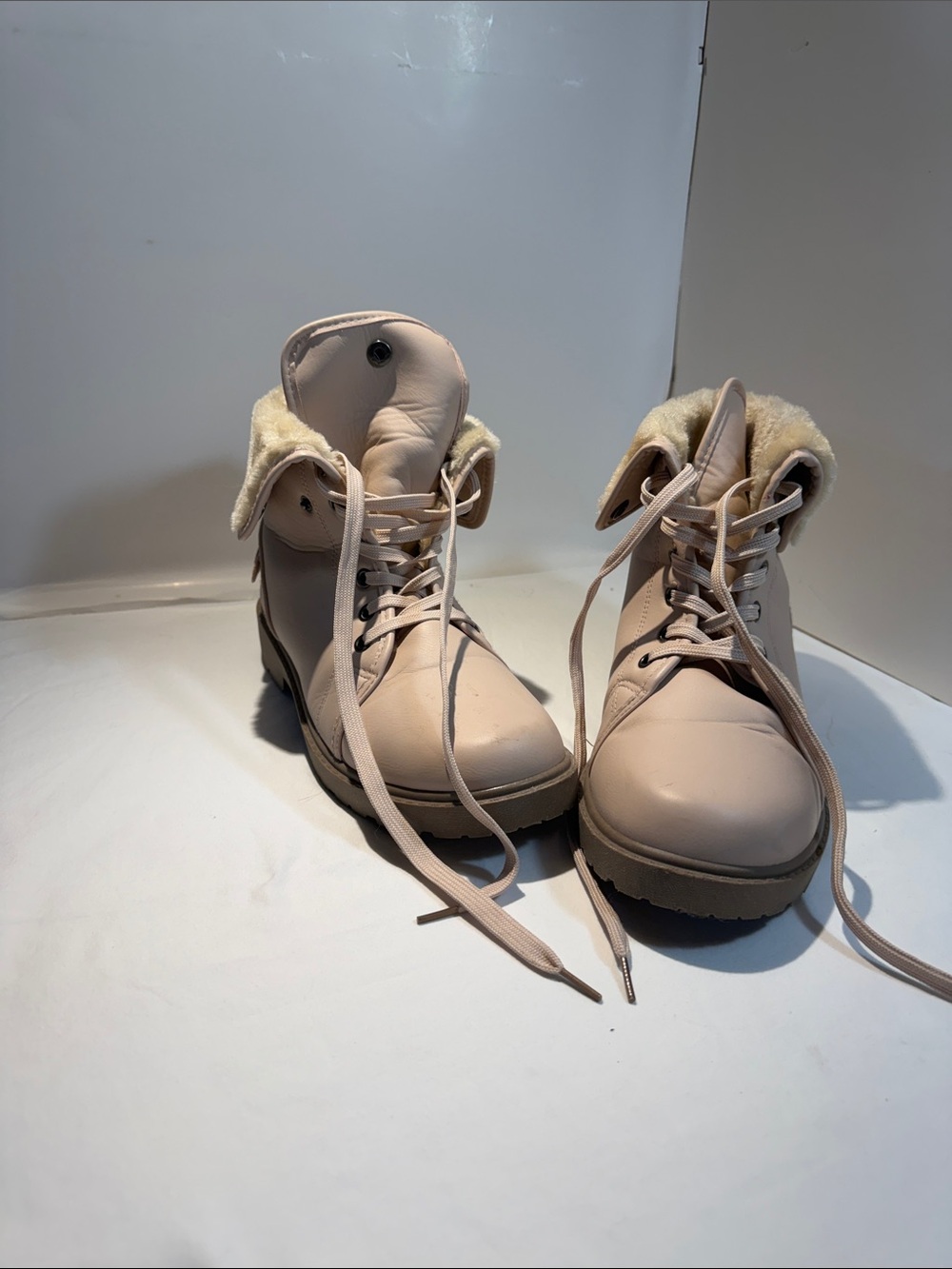 Olivia Miller Beige Lace-Up Faux Fur Combat Boots